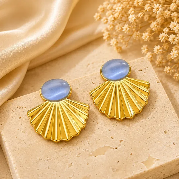 Gold_Tone_Shell_Fan_Earrings_With_Blue_Cat_Eye_Stone_For_Women_Elegant_Statement_Stud_Earrings_Trendy_Fashion_Jewellery_For_Party_Festive_And_Casual_Wear
