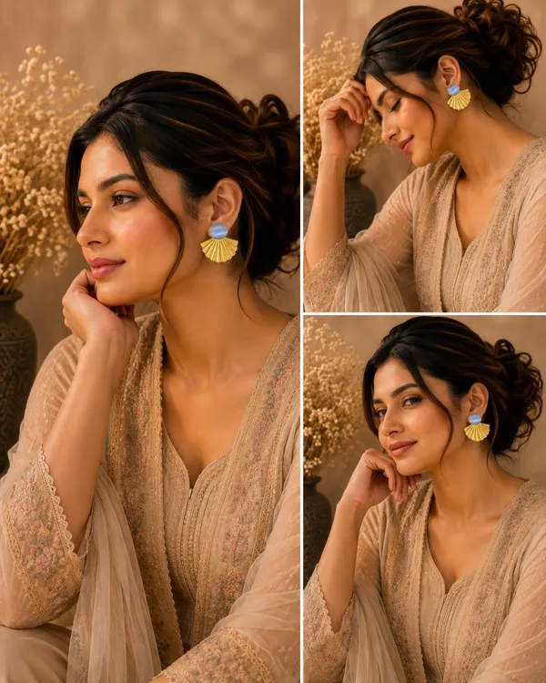 Gold_Tone_Shell_Fan_Earrings_With_Blue_Cat_Eye_Stone_For_Women_Elegant_Statement_Stud_Earrings_Trendy_Fashion_Jewellery_For_Party_Festive_And_Casual_Wear