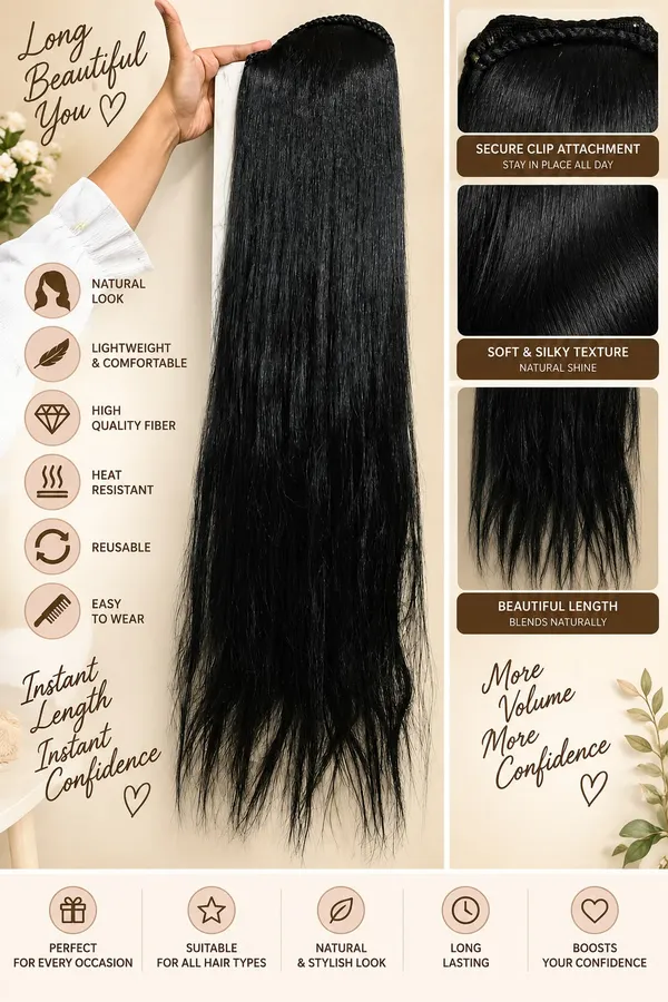 Long_Black_Straight_Hair_Extension_For_Women_Sleek_Textured_Hairpiece_With_Braided_Top_Design_Lightweight_Hair_Extension_For_Added_Length_And_Volume_Party_Wedding_And_Daily_Styling