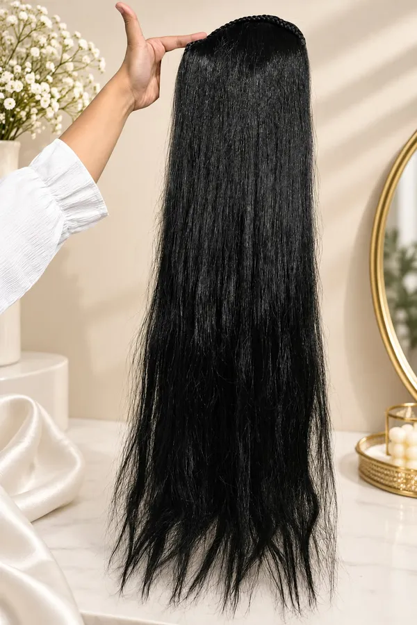 Long_Black_Straight_Hair_Extension_For_Women_Sleek_Textured_Hairpiece_With_Braided_Top_Design_Lightweight_Hair_Extension_For_Added_Length_And_Volume_Party_Wedding_And_Daily_Styling