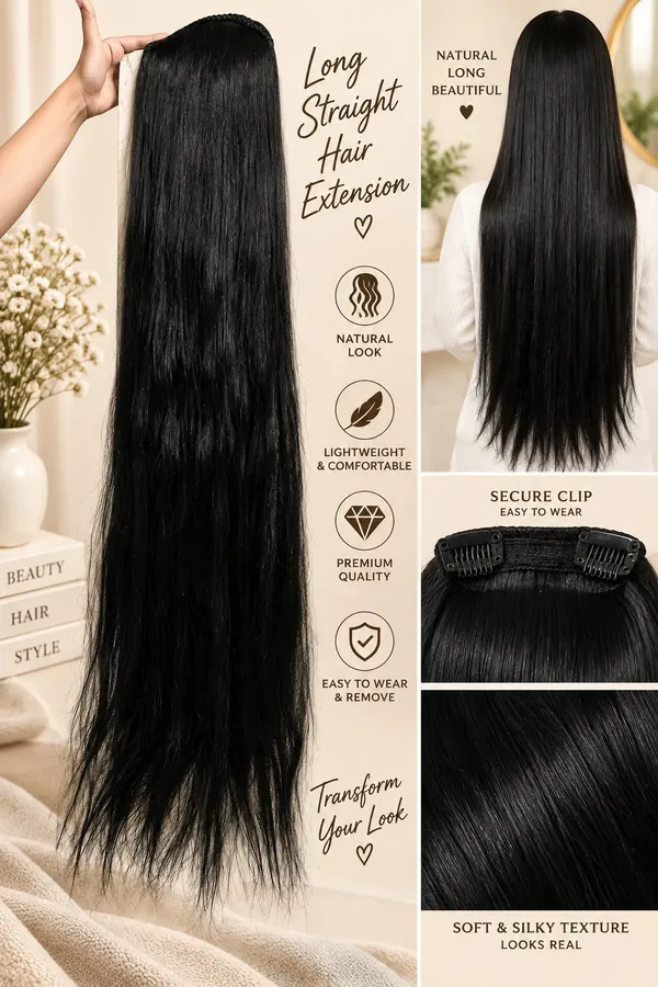 Long_Black_Straight_Hair_Extension_For_Women_Sleek_Textured_Hairpiece_With_Braided_Top_Design_Lightweight_Hair_Extension_For_Added_Length_And_Volume_Party_Wedding_And_Daily_Styling