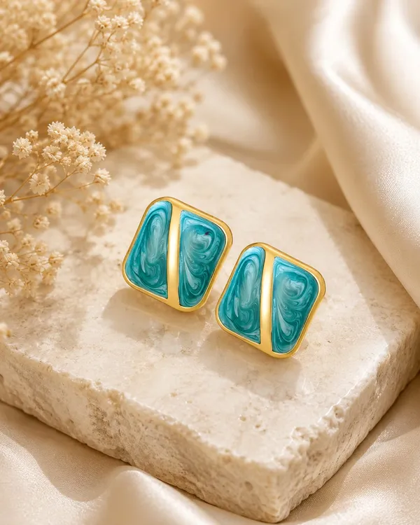 Turquoise_Blue_Enamel_Geometric_Stud_Earrings_For_Women_Gold_Tone_Square_Design_Elegant_Trendy_Fashion_Jewellery_For_Casual_Party_And_Festive_Wear