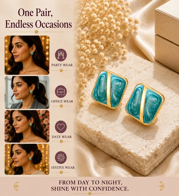 Turquoise_Blue_Enamel_Geometric_Stud_Earrings_For_Women_Gold_Tone_Square_Design_Elegant_Trendy_Fashion_Jewellery_For_Casual_Party_And_Festive_Wear