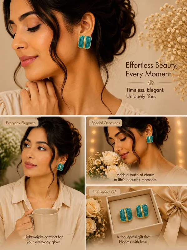 Turquoise_Blue_Enamel_Geometric_Stud_Earrings_For_Women_Gold_Tone_Square_Design_Elegant_Trendy_Fashion_Jewellery_For_Casual_Party_And_Festive_Wear