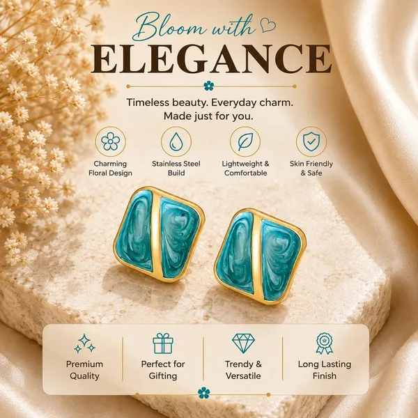 Turquoise_Blue_Enamel_Geometric_Stud_Earrings_For_Women_Gold_Tone_Square_Design_Elegant_Trendy_Fashion_Jewellery_For_Casual_Party_And_Festive_Wear