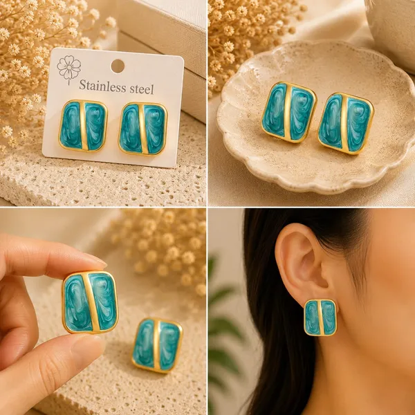 Turquoise_Blue_Enamel_Geometric_Stud_Earrings_For_Women_Gold_Tone_Square_Design_Elegant_Trendy_Fashion_Jewellery_For_Casual_Party_And_Festive_Wear