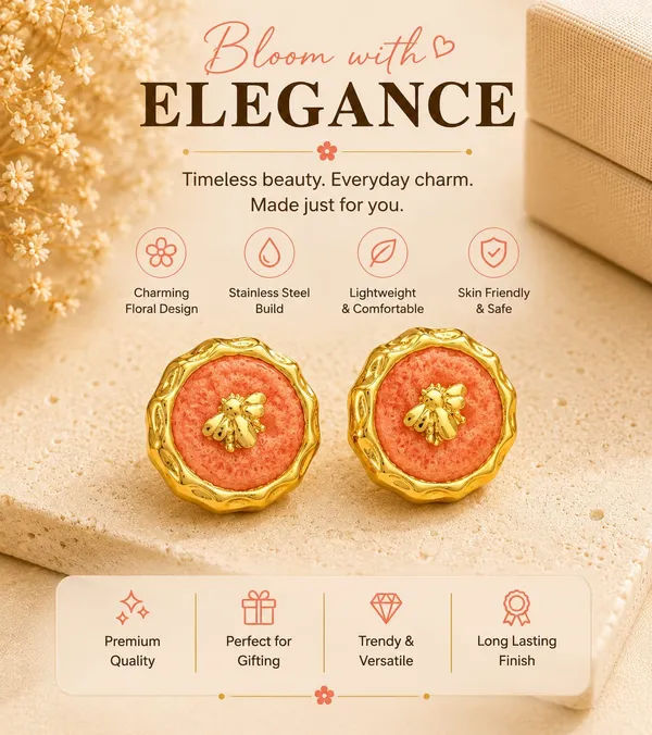 Orange_Bee_Stud_Earrings_For_Women_Gold_Tone_Round_Floral_Design_With_Bee_Detail_Trendy_Fashion_Jewellery_For_Party_Casual_Festive_And_Everyday_Wear