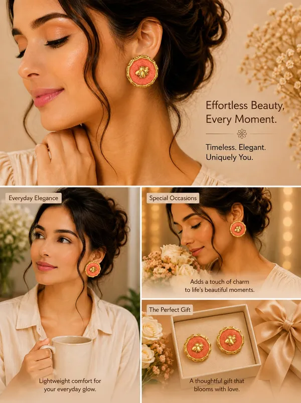 Orange_Bee_Stud_Earrings_For_Women_Gold_Tone_Round_Floral_Design_With_Bee_Detail_Trendy_Fashion_Jewellery_For_Party_Casual_Festive_And_Everyday_Wear