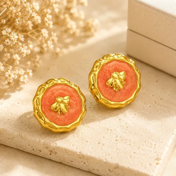 Orange_Bee_Stud_Earrings_For_Women_Gold_Tone_Round_Floral_Design_With_Bee_Detail_Trendy_Fashion_Jewellery_For_Party_Casual_Festive_And_Everyday_Wear