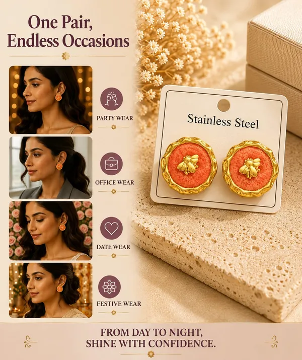 Orange_Bee_Stud_Earrings_For_Women_Gold_Tone_Round_Floral_Design_With_Bee_Detail_Trendy_Fashion_Jewellery_For_Party_Casual_Festive_And_Everyday_Wear