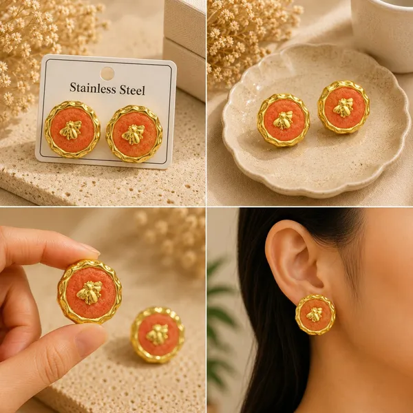 Orange_Bee_Stud_Earrings_For_Women_Gold_Tone_Round_Floral_Design_With_Bee_Detail_Trendy_Fashion_Jewellery_For_Party_Casual_Festive_And_Everyday_Wear