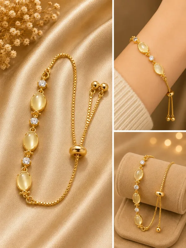 Elegant_Gold_Tone_Bracelet_For_Women_Oval_Pearl_Style_Stone_And_Sparkling_Crystal_Link_Design_With_Adjustable_Bolo_Chain_Chic_Minimalist_Fashion_Jewellery_For_Daily_Wear_Party_Wedding_And_Festive_Occasions