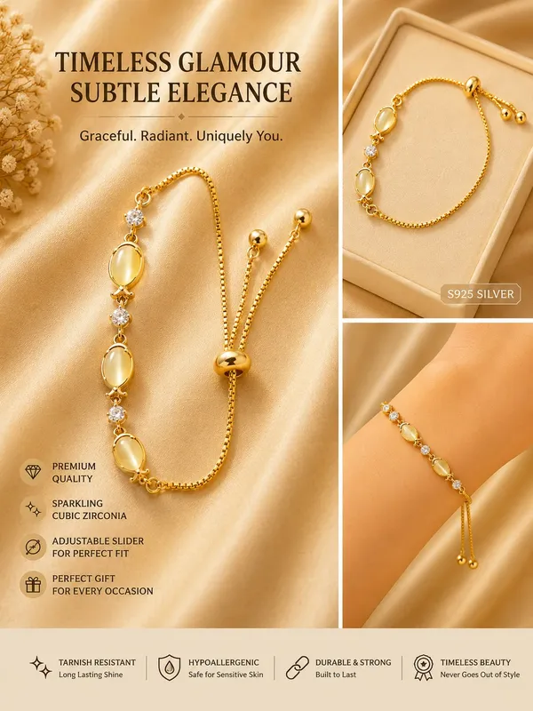 Elegant_Gold_Tone_Bracelet_For_Women_Oval_Pearl_Style_Stone_And_Sparkling_Crystal_Link_Design_With_Adjustable_Bolo_Chain_Chic_Minimalist_Fashion_Jewellery_For_Daily_Wear_Party_Wedding_And_Festive_Occasions