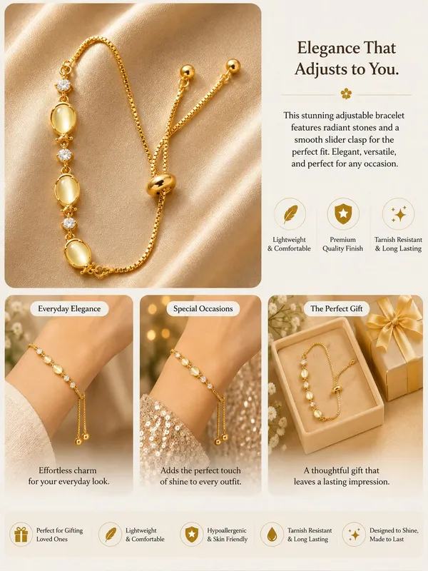 Elegant_Gold_Tone_Bracelet_For_Women_Oval_Pearl_Style_Stone_And_Sparkling_Crystal_Link_Design_With_Adjustable_Bolo_Chain_Chic_Minimalist_Fashion_Jewellery_For_Daily_Wear_Party_Wedding_And_Festive_Occasions