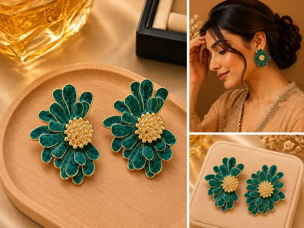 Elegant_Teal_Green_Floral_Statement_Stud_Earrings_For_Women_And_Girls_Gold_Tone_Layered_Flower_Earrings_With_Intricate_Beaded_Centre_And_Marble_Effect_Enamel_Finish_Stylish_Jewellery_For_Party_Wedding_Festive_And_Everyday_Wear
