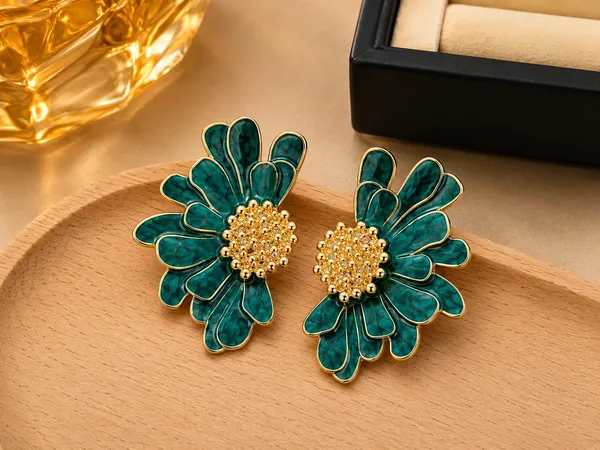 Elegant_Teal_Green_Floral_Statement_Stud_Earrings_For_Women_And_Girls_Gold_Tone_Layered_Flower_Earrings_With_Intricate_Beaded_Centre_And_Marble_Effect_Enamel_Finish_Stylish_Jewellery_For_Party_Wedding_Festive_And_Everyday_Wear