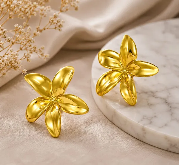 Elegant_Gold_Tone_Floral_Stud_Earrings_For_Women_Smooth_Five_Petal_Flower_Statement_Jewellery_For_Party_Wedding_Festive_Ethnic_And_Everyday_Wear