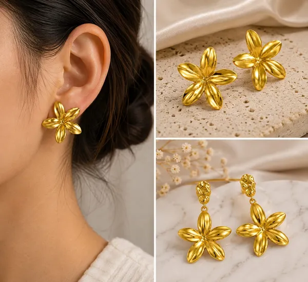 Elegant_Gold_Tone_Floral_Stud_Earrings_For_Women_Smooth_Five_Petal_Flower_Statement_Jewellery_For_Party_Wedding_Festive_Ethnic_And_Everyday_Wear