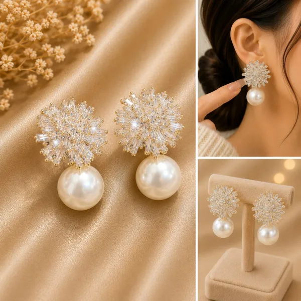 Elegant_Crystal_Pearl_Drop_Earrings_For_Women_Sparkling_Floral_Cluster_Design_With_Clear_Rhinestone_Details_And_Large_White_Pearl_Drops_Trendy_Statement_Fashion_Jewellery_For_Party_Wedding_Festive_And_Special_Occasion_Wear