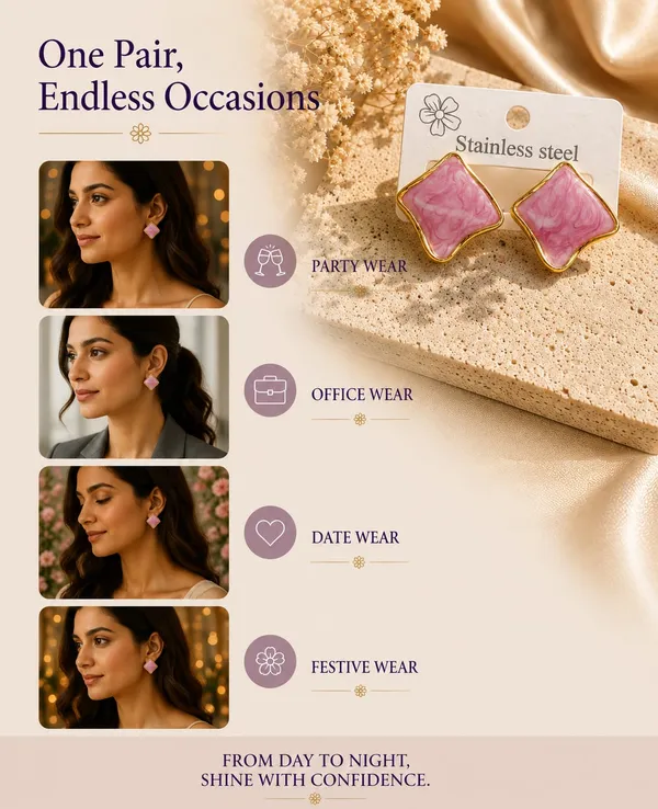 Elegant_Pink_Enamel_Square_Stud_Earrings_For_Women_Gold_Tone_Geometric_Design_With_Marbled_Finish_Stylish_Stainless_Steel_Fashion_Jewellery_For_Party_Office_Festive_And_Everyday_Wear