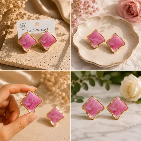 Elegant_Pink_Enamel_Square_Stud_Earrings_For_Women_Gold_Tone_Geometric_Design_With_Marbled_Finish_Stylish_Stainless_Steel_Fashion_Jewellery_For_Party_Office_Festive_And_Everyday_Wear