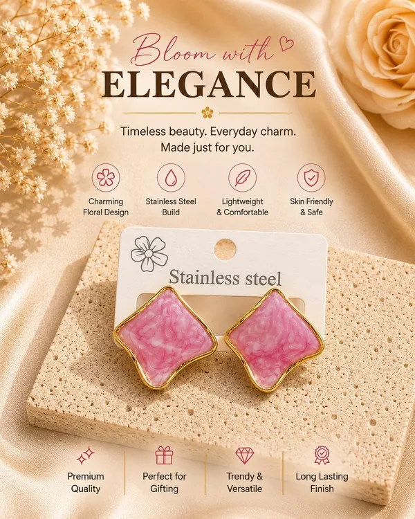 Elegant_Pink_Enamel_Square_Stud_Earrings_For_Women_Gold_Tone_Geometric_Design_With_Marbled_Finish_Stylish_Stainless_Steel_Fashion_Jewellery_For_Party_Office_Festive_And_Everyday_Wear