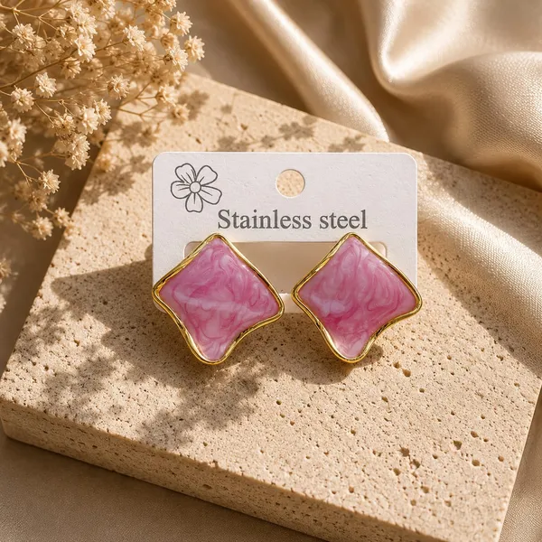 Elegant_Pink_Enamel_Square_Stud_Earrings_For_Women_Gold_Tone_Geometric_Design_With_Marbled_Finish_Stylish_Stainless_Steel_Fashion_Jewellery_For_Party_Office_Festive_And_Everyday_Wear