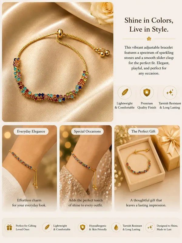 Elegant_Multicolor_Crystal_Bracelet_For_Women_Gold_Tone_Adjustable_Bolo_Bracelet_With_Vibrant_Rainbow_Colored_Sparkling_Stones_Trendy_Statement_Fashion_Jewellery_For_Party_Wedding_Festive_Casual_And_Special_Occasion_Wear