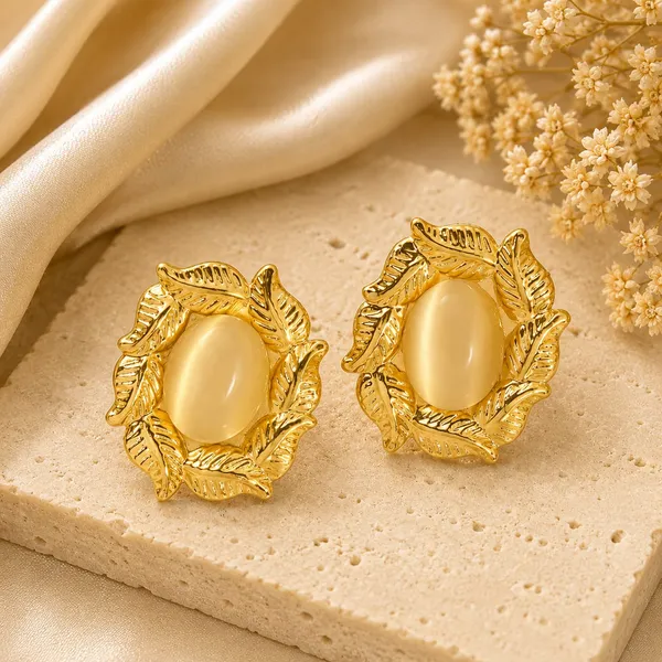 Gold_Tone_Leaf_Floral_Stud_Earrings_With_Elegant_Cream_Oval_Stone_For_Women_Beautiful_Botanical_Statement_Jewellery_Trendy_Party_Festive_Office_Casual_Wear