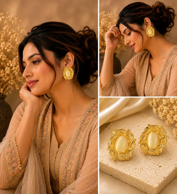Gold_Tone_Leaf_Floral_Stud_Earrings_With_Elegant_Cream_Oval_Stone_For_Women_Beautiful_Botanical_Statement_Jewellery_Trendy_Party_Festive_Office_Casual_Wear