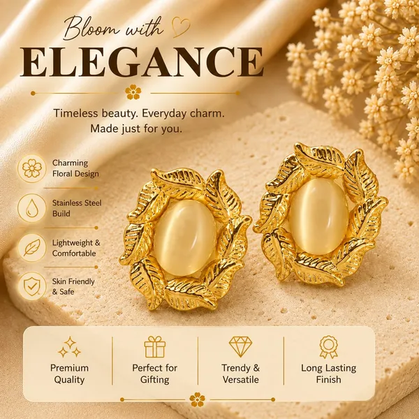 Gold_Tone_Leaf_Floral_Stud_Earrings_With_Elegant_Cream_Oval_Stone_For_Women_Beautiful_Botanical_Statement_Jewellery_Trendy_Party_Festive_Office_Casual_Wear