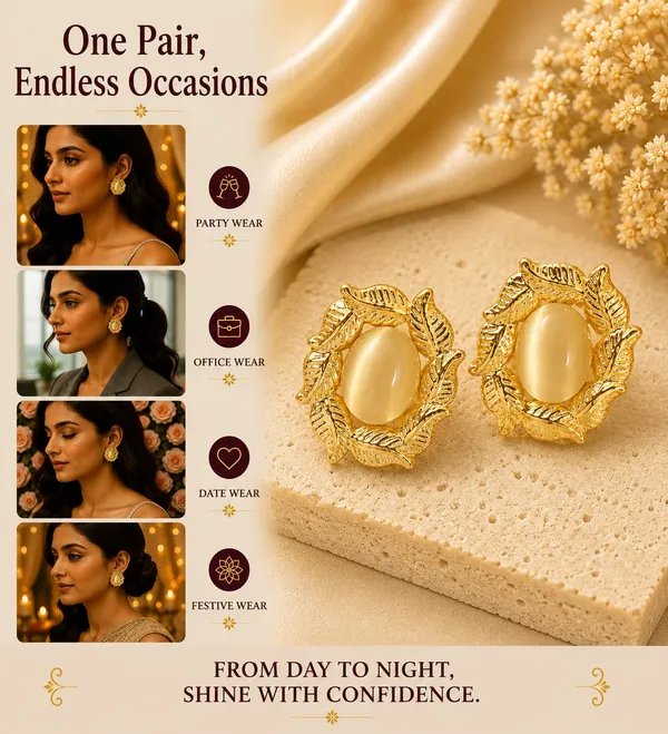 Gold_Tone_Leaf_Floral_Stud_Earrings_With_Elegant_Cream_Oval_Stone_For_Women_Beautiful_Botanical_Statement_Jewellery_Trendy_Party_Festive_Office_Casual_Wear