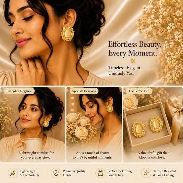 Gold_Tone_Leaf_Floral_Stud_Earrings_With_Elegant_Cream_Oval_Stone_For_Women_Beautiful_Botanical_Statement_Jewellery_Trendy_Party_Festive_Office_Casual_Wear
