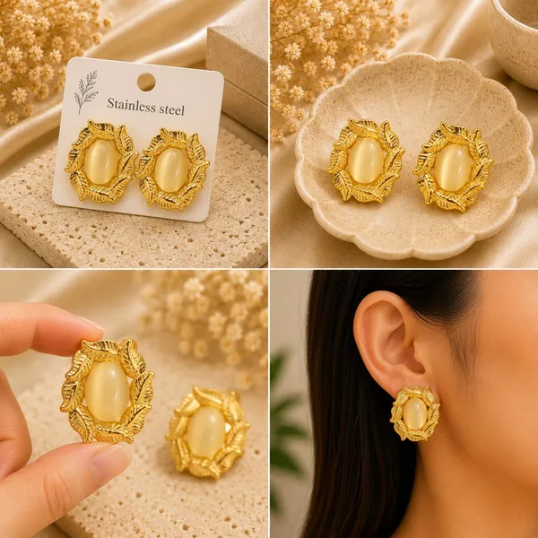 Gold_Tone_Leaf_Floral_Stud_Earrings_With_Elegant_Cream_Oval_Stone_For_Women_Beautiful_Botanical_Statement_Jewellery_Trendy_Party_Festive_Office_Casual_Wear