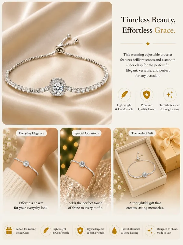 Elegant_Silver_Tone_Crystal_Tennis_Bracelet_For_Women_With_Round_Sparkling_Stones_And_Statement_Center_Charm_Adjustable_Slider_Chain_Fashion_Jewellery_For_Party_Wedding_Festive_And_Everyday_Wear