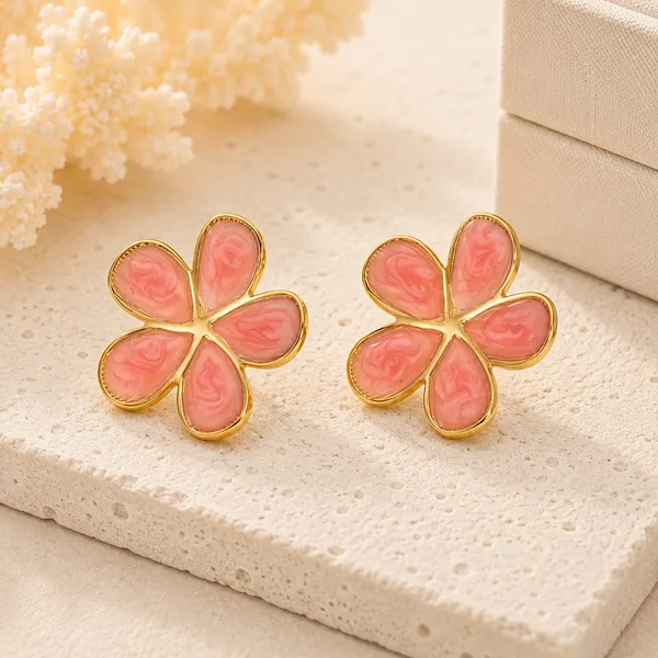 Elegant_Pink_Flower_Stud_Earrings_For_Women_Gold_Tone_Five_Petal_Floral_Earrings_With_Glossy_Enamel_Finish_Stylish_Fashion_Jewellery_For_Party_Office_Festive_And_Everyday_Wear
