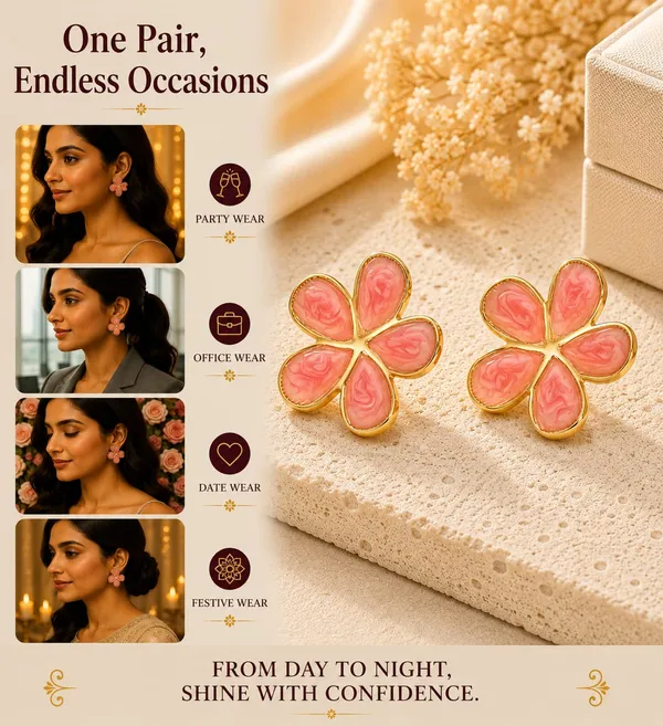 Elegant_Pink_Flower_Stud_Earrings_For_Women_Gold_Tone_Five_Petal_Floral_Earrings_With_Glossy_Enamel_Finish_Stylish_Fashion_Jewellery_For_Party_Office_Festive_And_Everyday_Wear