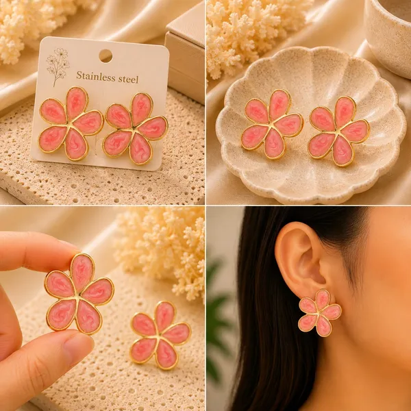 Elegant_Pink_Flower_Stud_Earrings_For_Women_Gold_Tone_Five_Petal_Floral_Earrings_With_Glossy_Enamel_Finish_Stylish_Fashion_Jewellery_For_Party_Office_Festive_And_Everyday_Wear