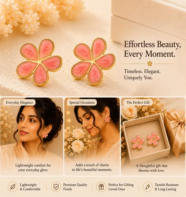 Elegant_Pink_Flower_Stud_Earrings_For_Women_Gold_Tone_Five_Petal_Floral_Earrings_With_Glossy_Enamel_Finish_Stylish_Fashion_Jewellery_For_Party_Office_Festive_And_Everyday_Wear
