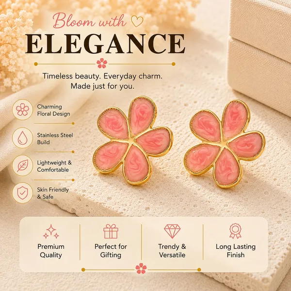 Elegant_Pink_Flower_Stud_Earrings_For_Women_Gold_Tone_Five_Petal_Floral_Earrings_With_Glossy_Enamel_Finish_Stylish_Fashion_Jewellery_For_Party_Office_Festive_And_Everyday_Wear