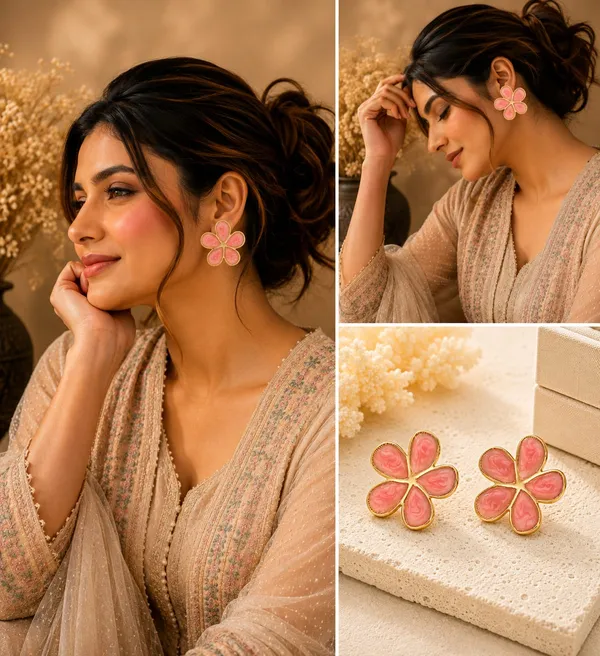 Elegant_Pink_Flower_Stud_Earrings_For_Women_Gold_Tone_Five_Petal_Floral_Earrings_With_Glossy_Enamel_Finish_Stylish_Fashion_Jewellery_For_Party_Office_Festive_And_Everyday_Wear