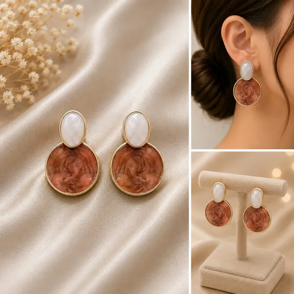 Elegant_Brown_Pearl_Drop_Earrings_For_Women_Gold_Tone_Round_Statement_Earrings_With_White_Oval_Pearl_Studs_And_Textured_Brown_Pendant_Trendy_Fashion_Jewellery_For_Party_And_Festive_Wear