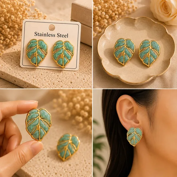 Elegant_Green_Monstera_Leaf_Stud_Earrings_For_Women_Gold_Tone_Botanical_Leaf_Design_Stainless_Steel_Fashion_Jewellery_Stylish_Statement_Earrings_For_Girls_Party_Wear_Festive_Wedding_And_Everyday_Accessories