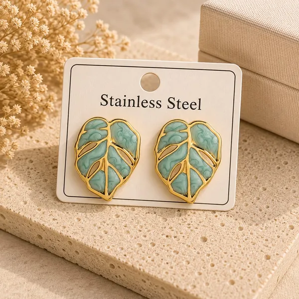 Elegant_Green_Monstera_Leaf_Stud_Earrings_For_Women_Gold_Tone_Botanical_Leaf_Design_Stainless_Steel_Fashion_Jewellery_Stylish_Statement_Earrings_For_Girls_Party_Wear_Festive_Wedding_And_Everyday_Accessories