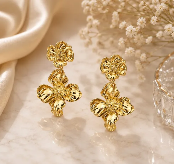 Elegant_Gold_Tone_Double_Flower_Drop_Earrings_For_Women_Floral_Statement_Jewellery_For_Party_Wedding_Festive_Ethnic_And_Stylish_Everyday_Wear