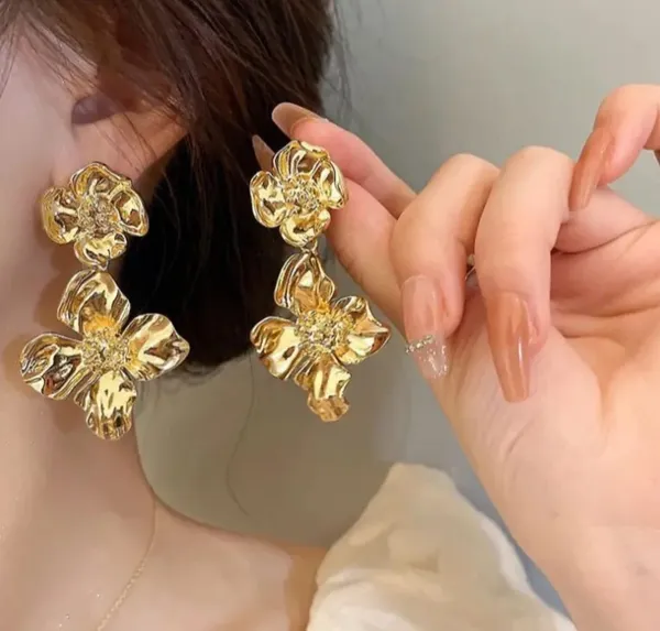 Elegant_Gold_Tone_Double_Flower_Drop_Earrings_For_Women_Floral_Statement_Jewellery_For_Party_Wedding_Festive_Ethnic_And_Stylish_Everyday_Wear