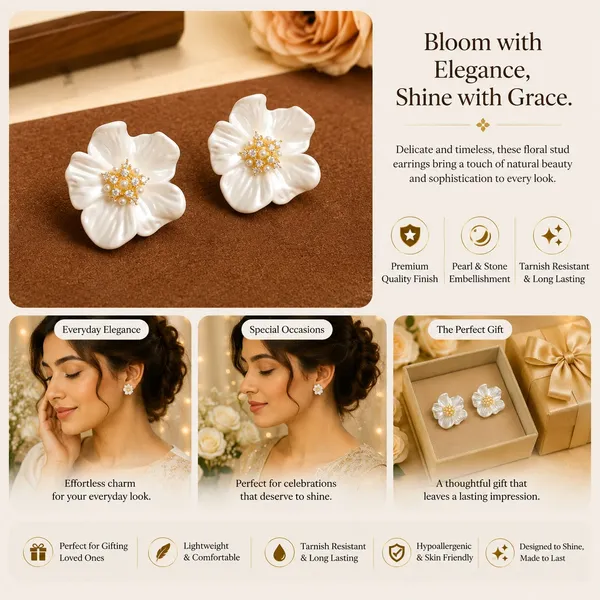 Elegant_White_Floral_Stud_Earrings_For_Women_Beautiful_Flower_Shaped_Design_With_Pearl_And_Sparkling_Rhinestone_Center_Stylish_Statement_Fashion_Jewellery_For_Party_Wedding_Festive_And_Special_Occasions
