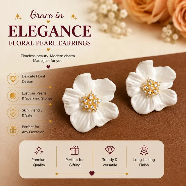 Elegant_White_Floral_Stud_Earrings_For_Women_Beautiful_Flower_Shaped_Design_With_Pearl_And_Sparkling_Rhinestone_Center_Stylish_Statement_Fashion_Jewellery_For_Party_Wedding_Festive_And_Special_Occasions