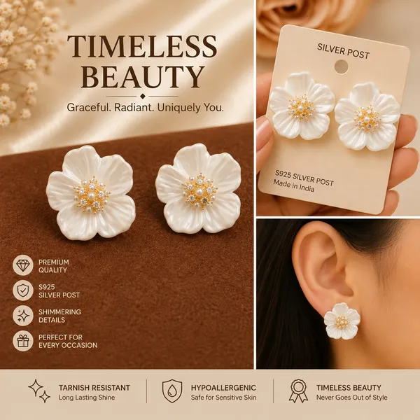Elegant_White_Floral_Stud_Earrings_For_Women_Beautiful_Flower_Shaped_Design_With_Pearl_And_Sparkling_Rhinestone_Center_Stylish_Statement_Fashion_Jewellery_For_Party_Wedding_Festive_And_Special_Occasions