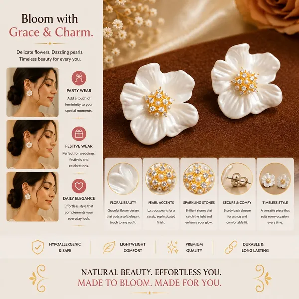 Elegant_White_Floral_Stud_Earrings_For_Women_Beautiful_Flower_Shaped_Design_With_Pearl_And_Sparkling_Rhinestone_Center_Stylish_Statement_Fashion_Jewellery_For_Party_Wedding_Festive_And_Special_Occasions